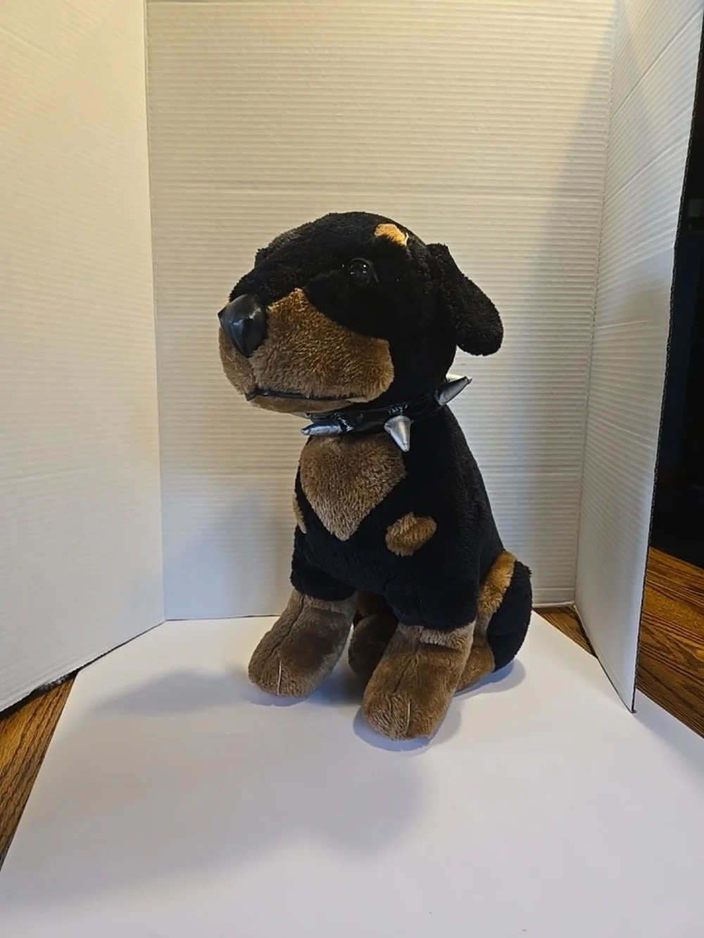Plush Doberman Dog Toy in Black and Brown with Spike Collar